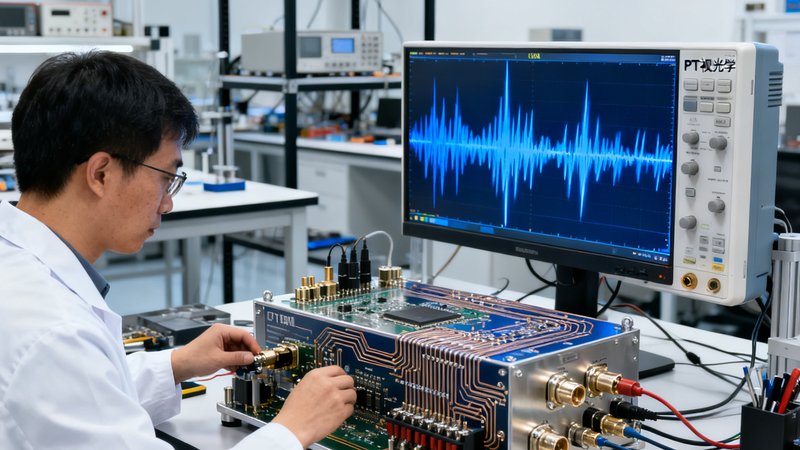 PT视讯光学实验室内部，研究人员正在调试16K超高清传输原型设备，示波器屏幕上显示高速信号波形。
